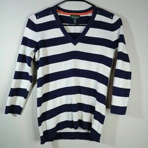 Lauren Jeans Co. Ralph Lauren Small Petite Navy Blue V Neck Sweater 3/4‎ BB22